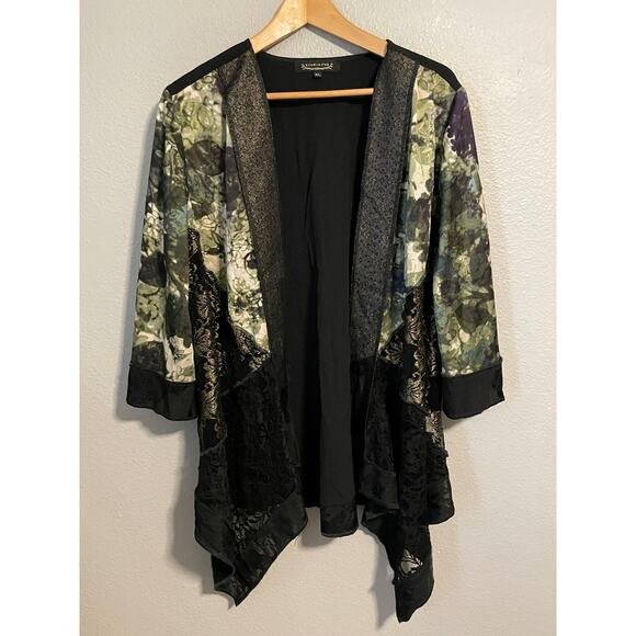 Vintage Studio VK Kimono Womens XL Black Green Open Front Boho Floral Velvet USA - Picture 1 of 8